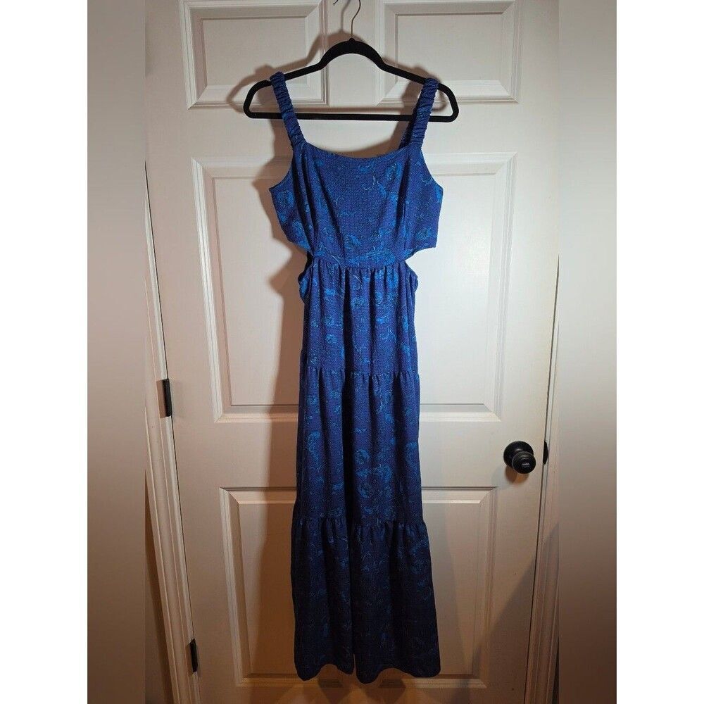 Rewind Blue Paisley Print Tiered Sleeveless Maxi Dress Side Cutouts L